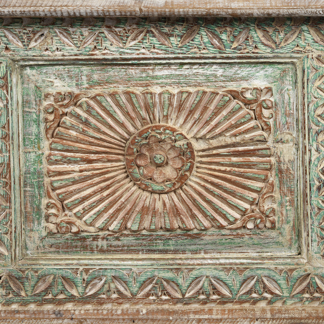 Sundburst Detail From Reclaimed Teakwood Blanket Chest With Painted Finish | Indigo Antiques