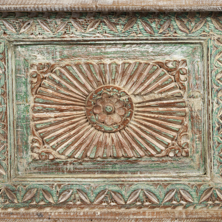 Sundburst Detail From Reclaimed Teakwood Blanket Chest With Painted Finish | Indigo Antiques