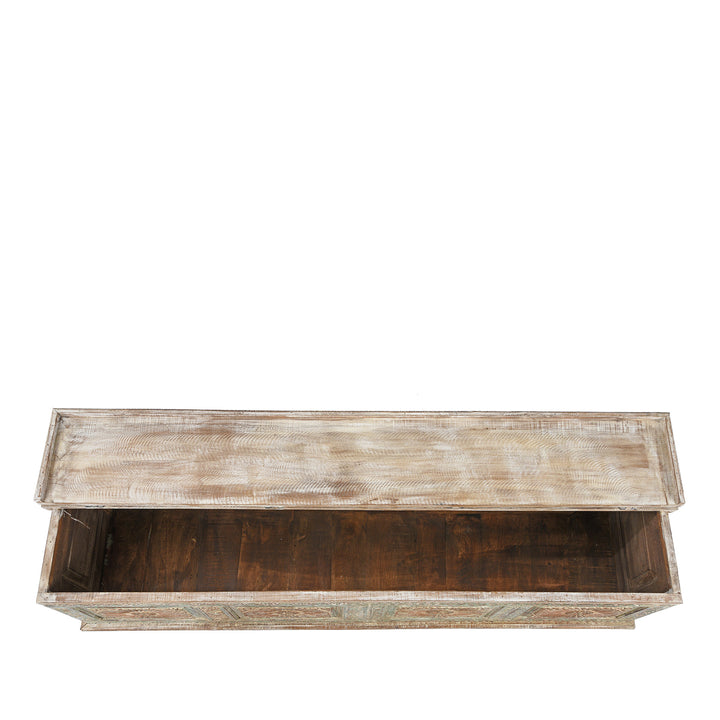 Open View Of Reclaimed Teakwood Blanket Chest With Painted Finish | Indigo Antiques