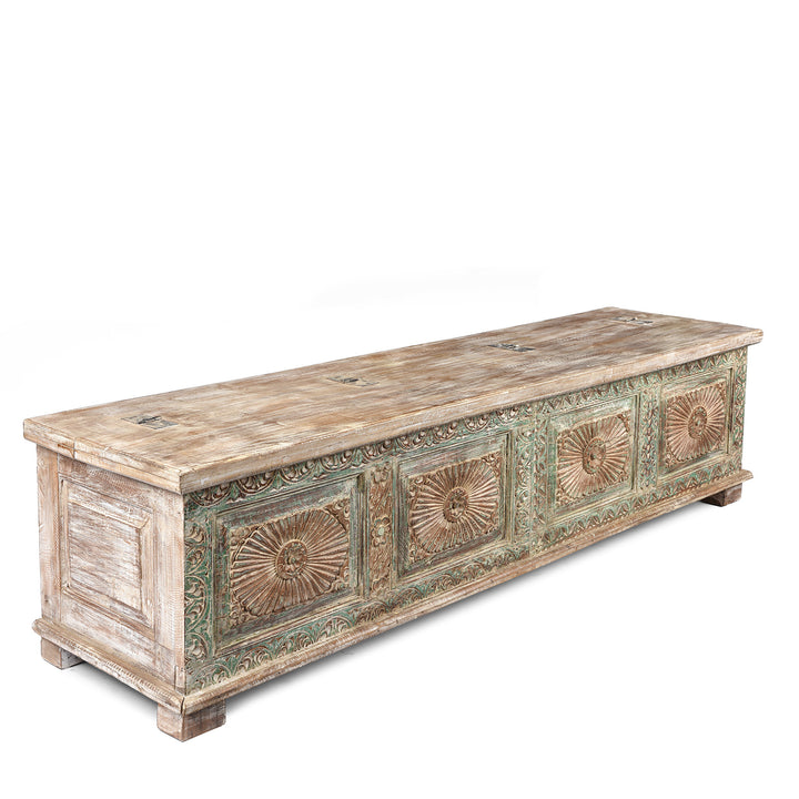 Angled View of Reclaimed Teakwood Blanket Chest With Painted Finish | Indigo Antiques