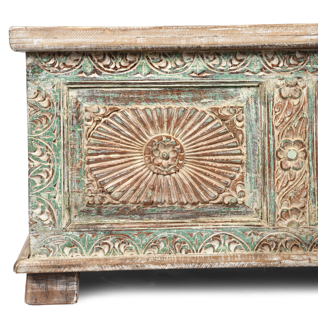 Panel Detail From Reclaimed Teakwood Blanket Chest With Painted Finish | Indigo Antiques
