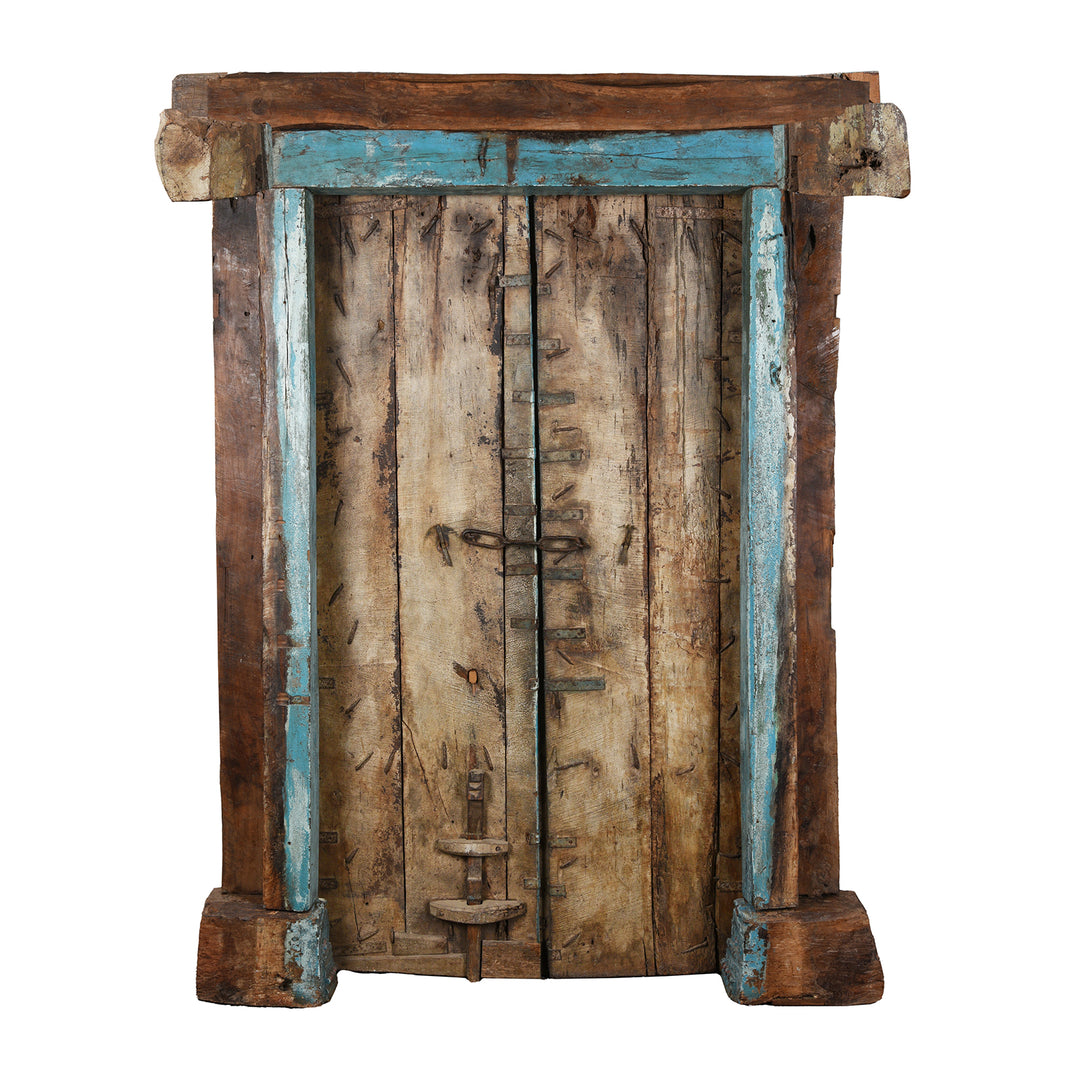 Back Of Antique Blue Painted Indian Door & Frame From Gujarat | INDIGO ANTIQUES