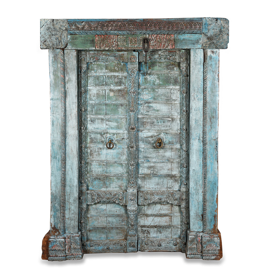 Antique Blue Painted Indian Door & Frame From Gujarat | INDIGO ANTIQUES