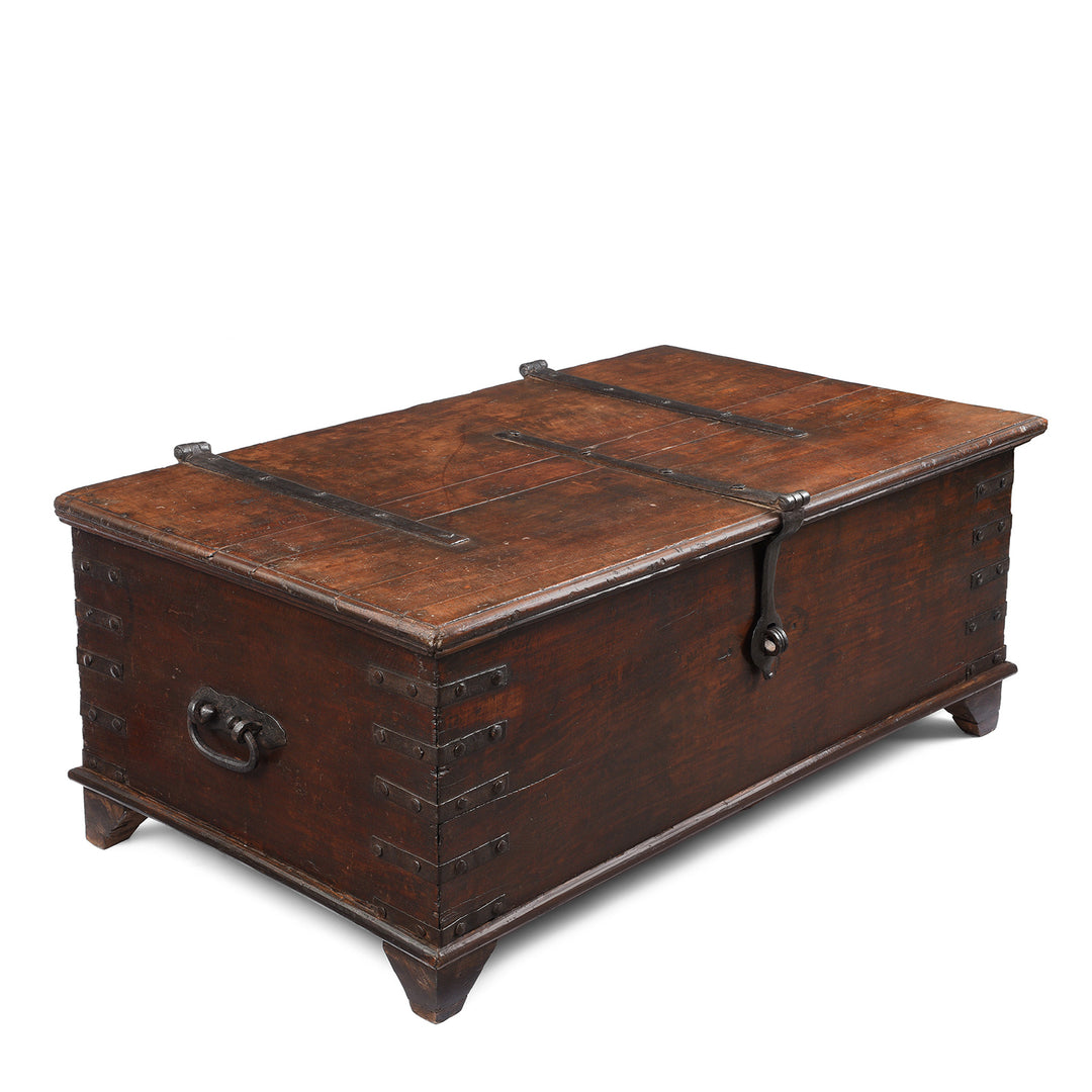 Angled View Of Antique Indian Iron Bound Teak Chest From Gujarat | Indigo Antiques