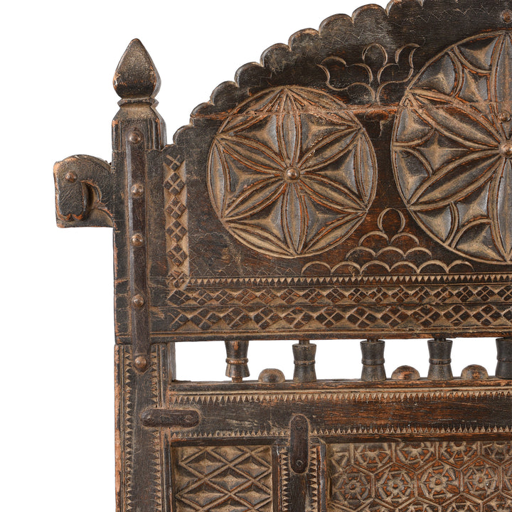 Carving Detail From Chip Carved Low Pidha Chair From Rajasthan | INDIGO ANTIQUES