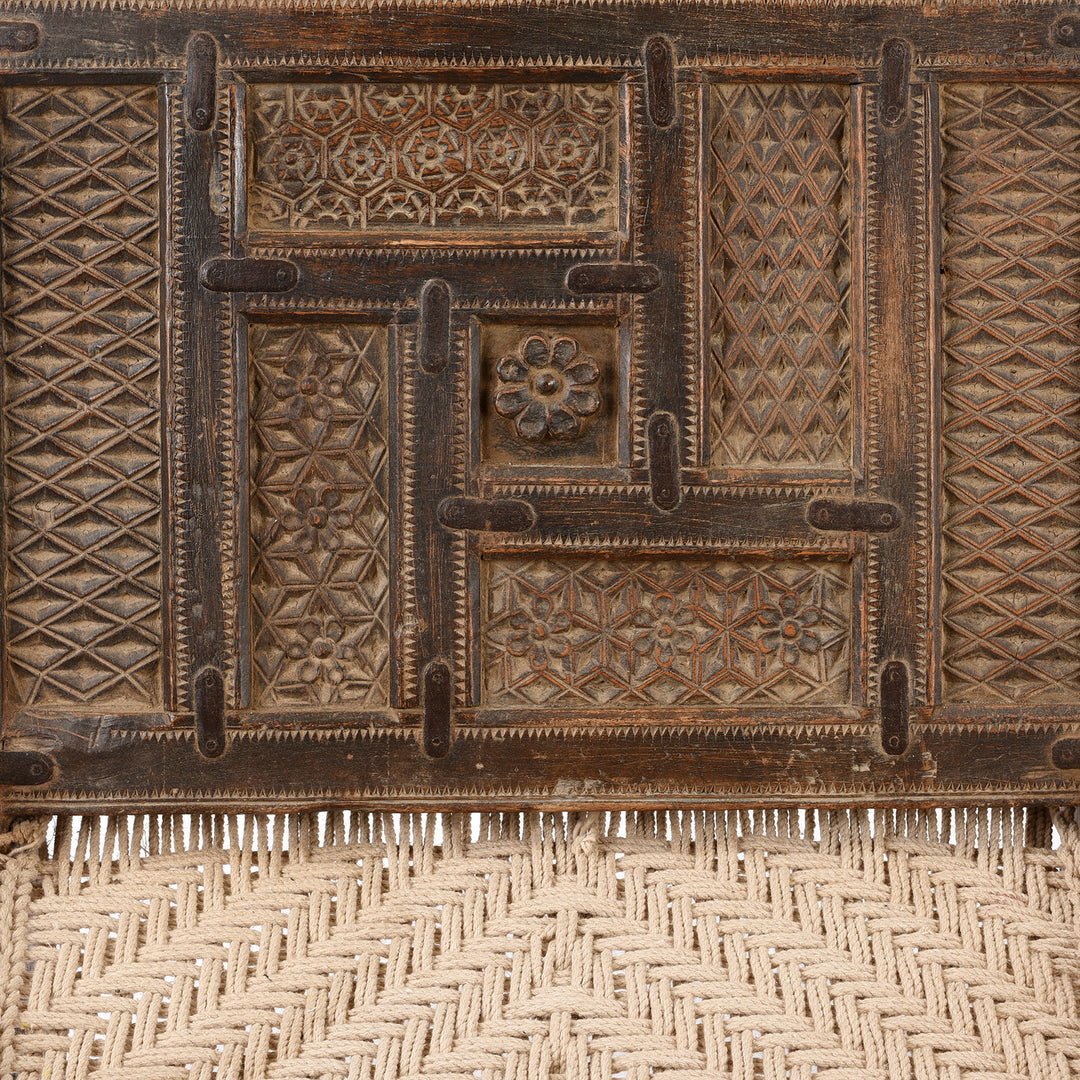 Carving Detail From Chip Carved Low Pidha Chair From Rajasthan | INDIGO ANTIQUES