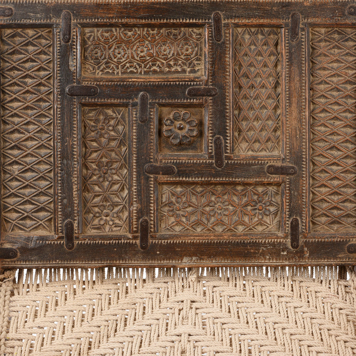Carving Detail From Chip Carved Low Pidha Chair From Rajasthan | INDIGO ANTIQUES