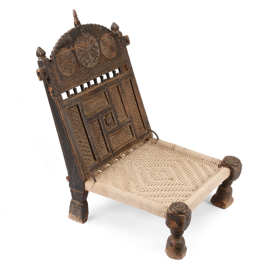 Antique Chip Carved Indian Low Pidha Chair From Rajasthan | INDIGO ANTIQUES