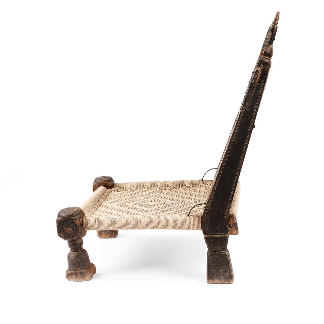 Chip Carved Low Pidha Chair From Rajasthan | INDIGO ANTIQUES
