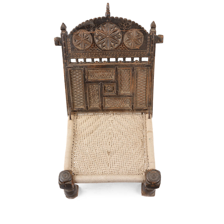 Top Down View Of Chip Carved Low Pidha Chair From Rajasthan | INDIGO ANTIQUES