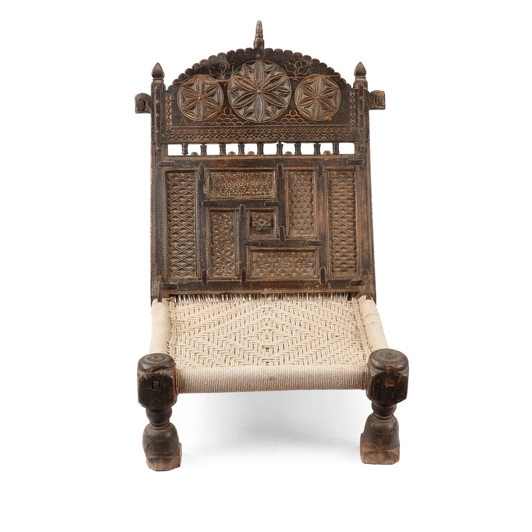 Chip Carved Low Pidha Chair From Rajasthan | INDIGO ANTIQUES
