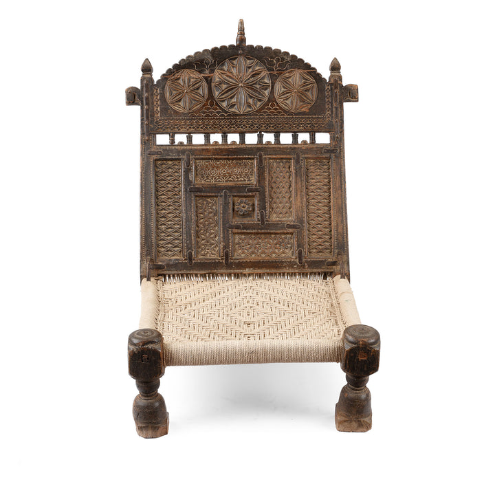 Chip Carved Low Pidha Chair From Rajasthan | INDIGO ANTIQUES