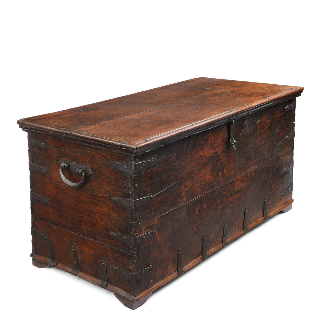 Angled View Of Antique Indian Iron Bound Teak Chest From Gujarat | Indigo Antiques