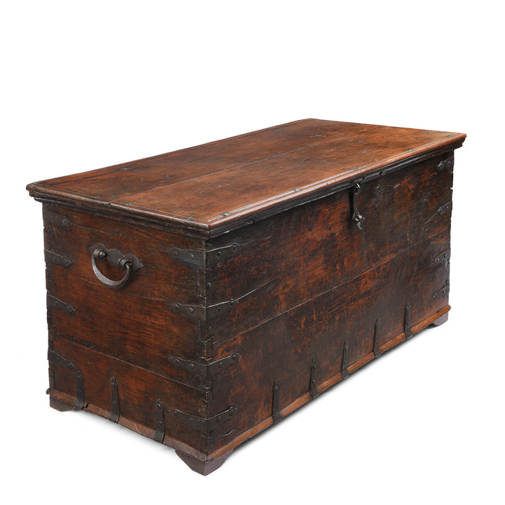 Angled View Of Antique Indian Iron Bound Teak Chest From Gujarat | Indigo Antiques