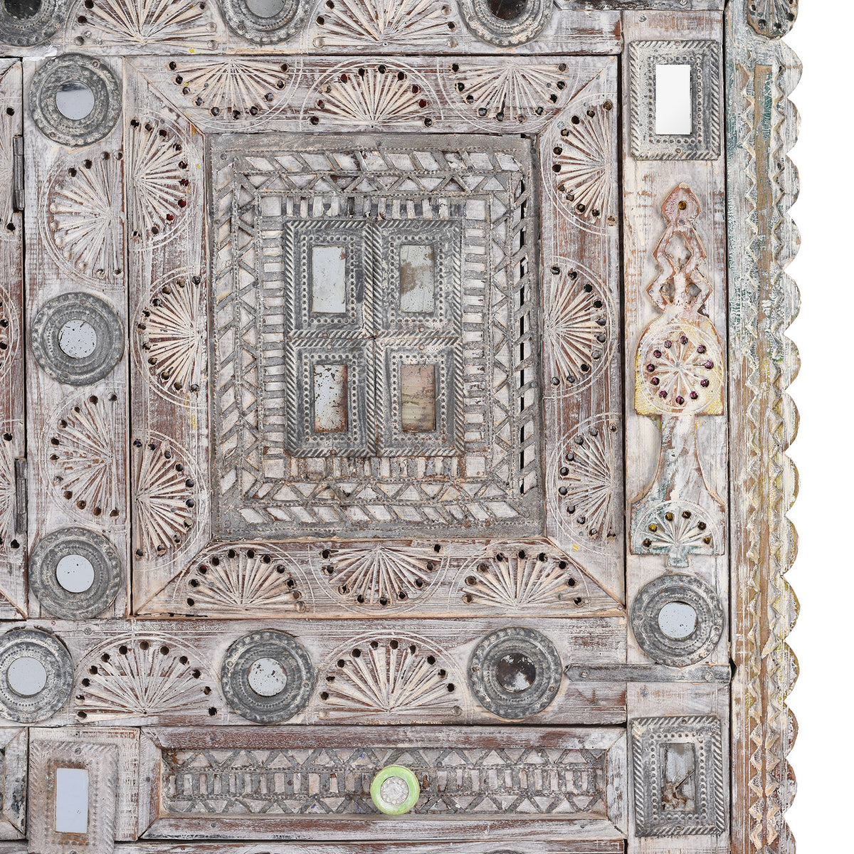 Detail Showing Carving, Mirrors And Paintwork From Teak Rubari &quot;Damchiya&quot; Dowry Chest From Kutch | Indigo Antiques