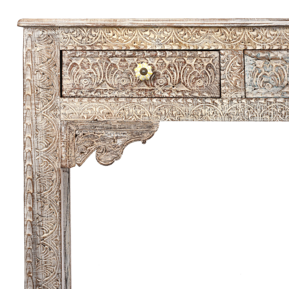 Corner Detail From Reclaimed Four Drawer Teakwood Console Table With Painted Finish | Indigo Antiques
