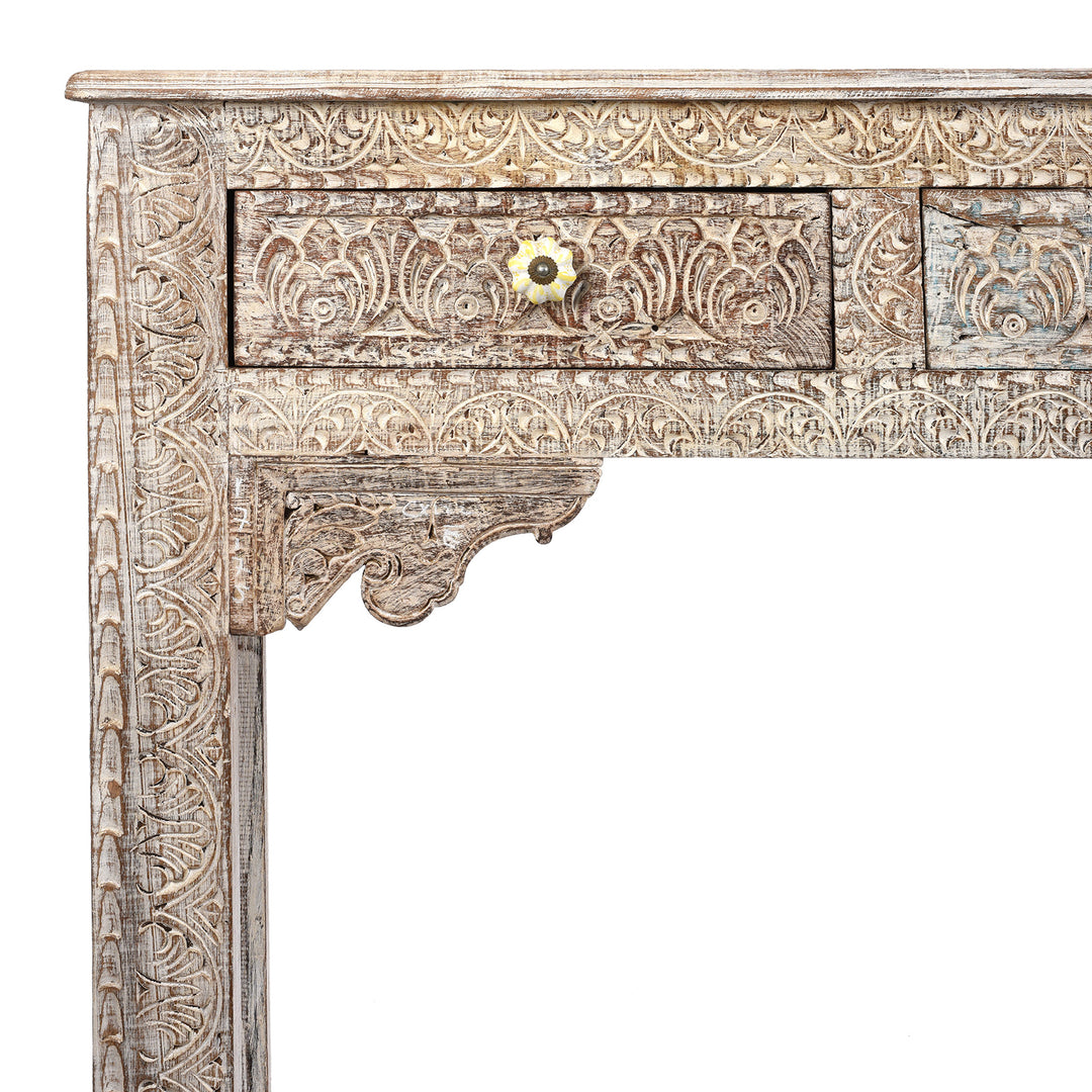 Corner Detail From Reclaimed Four Drawer Teakwood Console Table With Painted Finish | Indigo Antiques