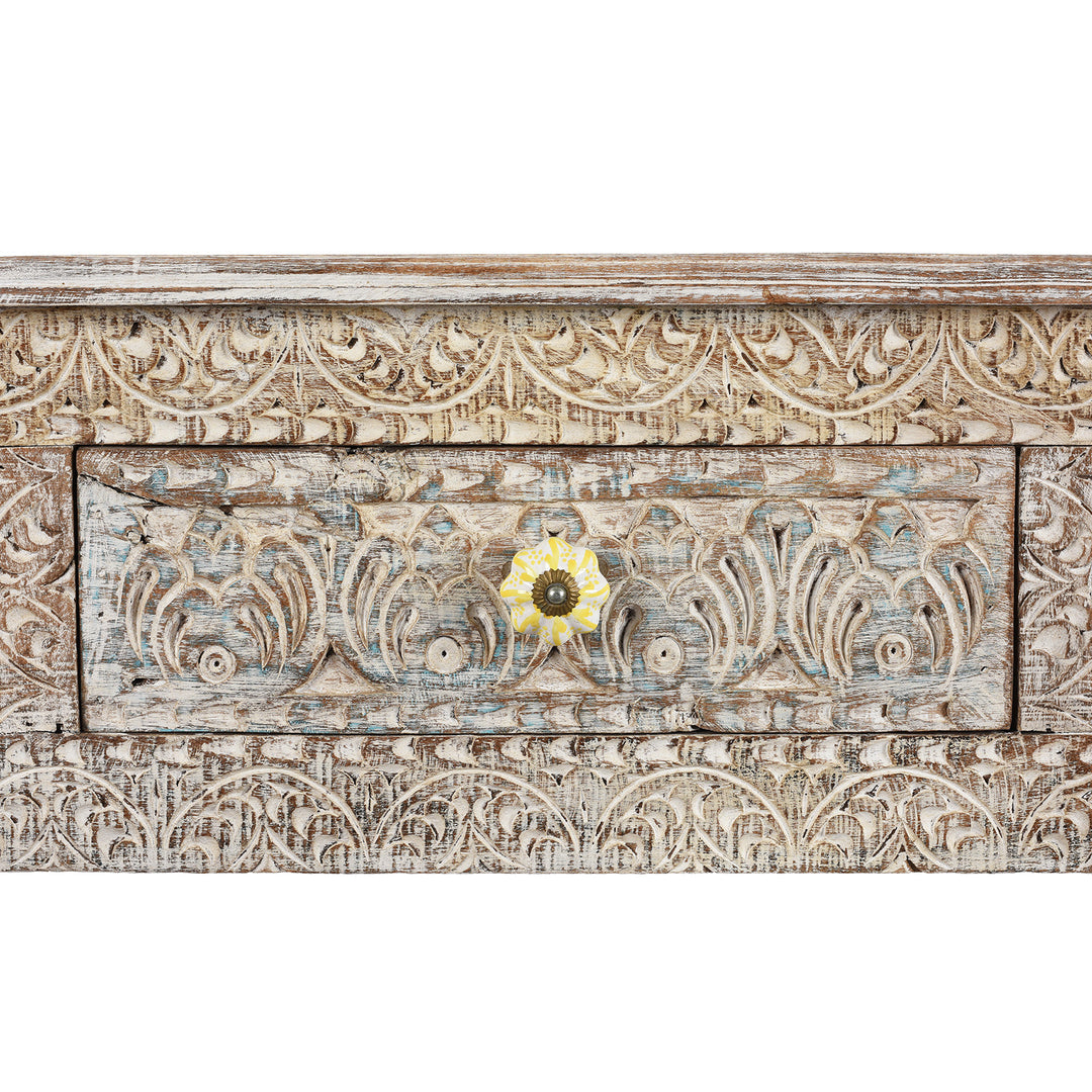 Drawer Detail From Reclaimed Four Drawer Teakwood Console Table With Painted Finish | Indigo Antiques