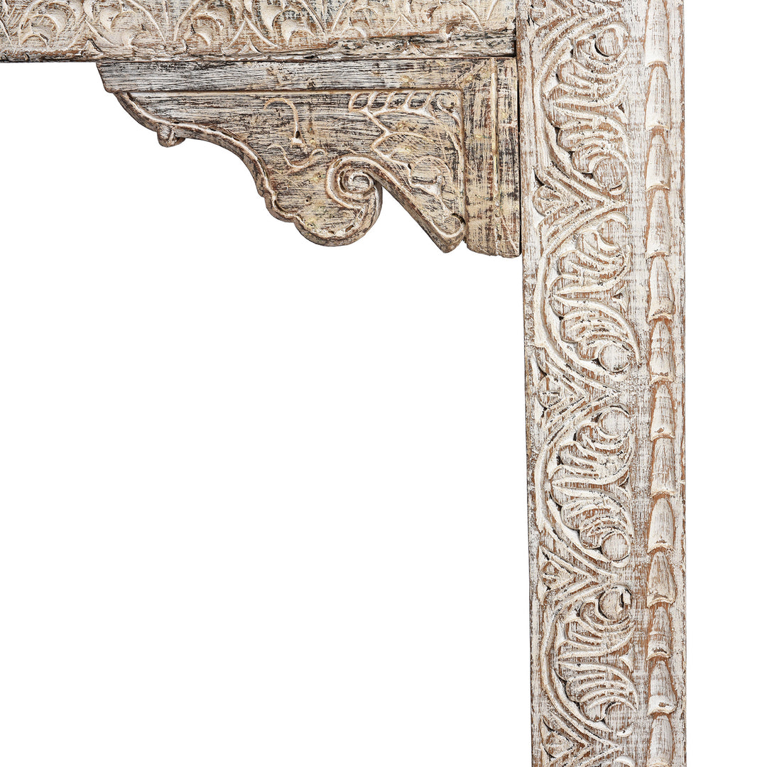 Carving Detail From Reclaimed Four Drawer Teakwood Console Table With Painted Finish | Indigo Antiques