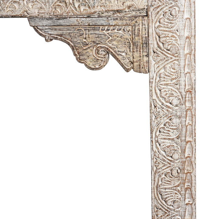 Carving Detail From Reclaimed Four Drawer Teakwood Console Table With Painted Finish | Indigo Antiques