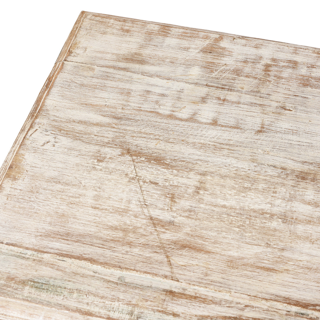 Top Corner Detail From Reclaimed Four Drawer Teakwood Console Table With Painted Finish | Indigo Antiques