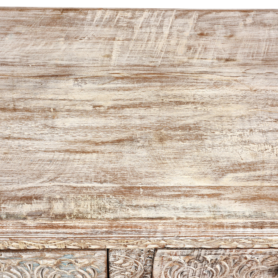 Surface Detail From Reclaimed Four Drawer Teakwood Console Table With Painted Finish | Indigo Antiques