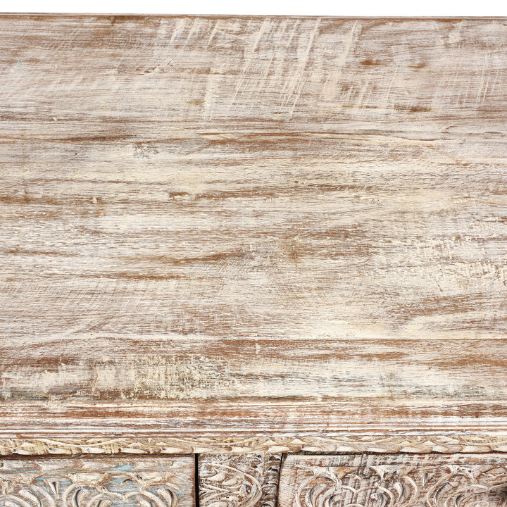 Surface Detail From Reclaimed Four Drawer Teakwood Console Table With Painted Finish | Indigo Antiques
