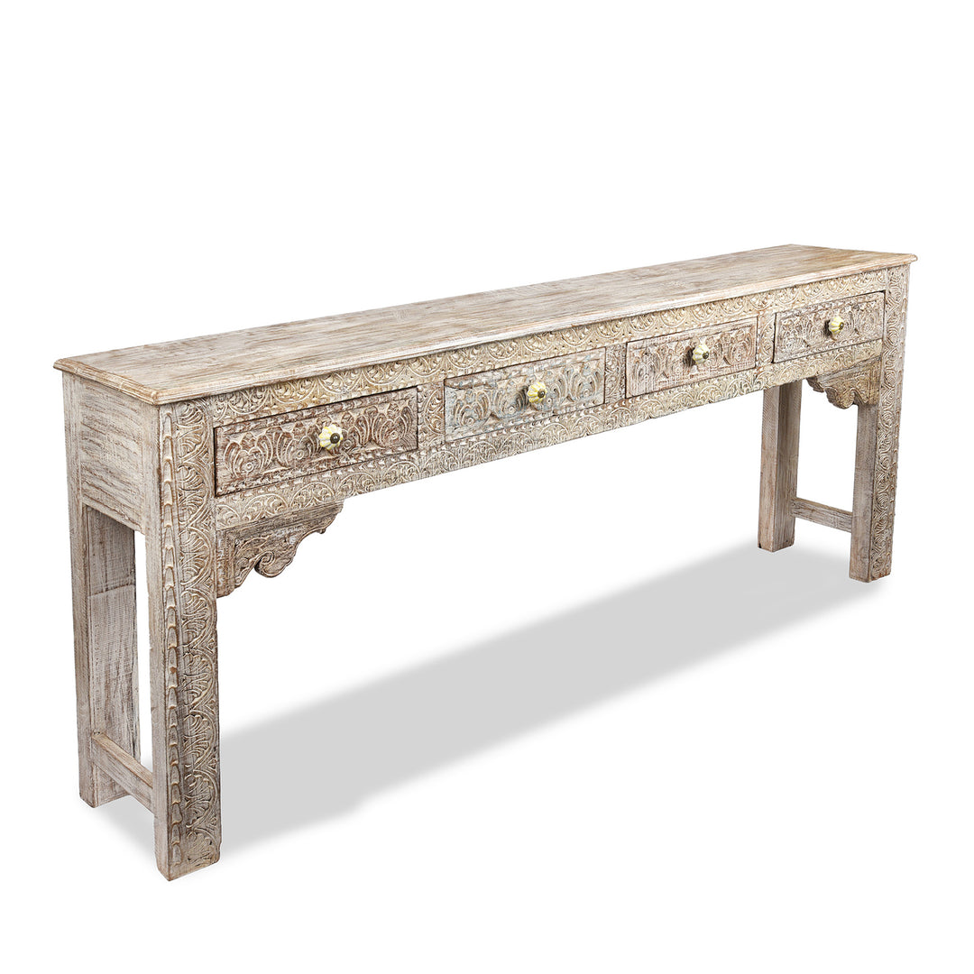 Angled VIew Of Reclaimed Four Drawer Teakwood Console Table With Painted Finish | Indigo Antiques