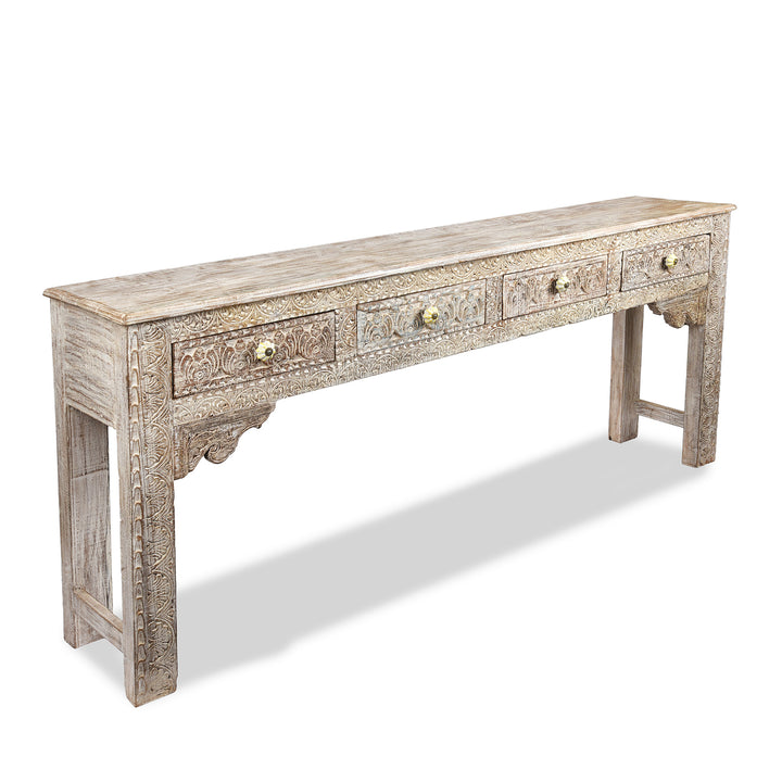 Angled VIew Of Reclaimed Four Drawer Teakwood Console Table With Painted Finish | Indigo Antiques