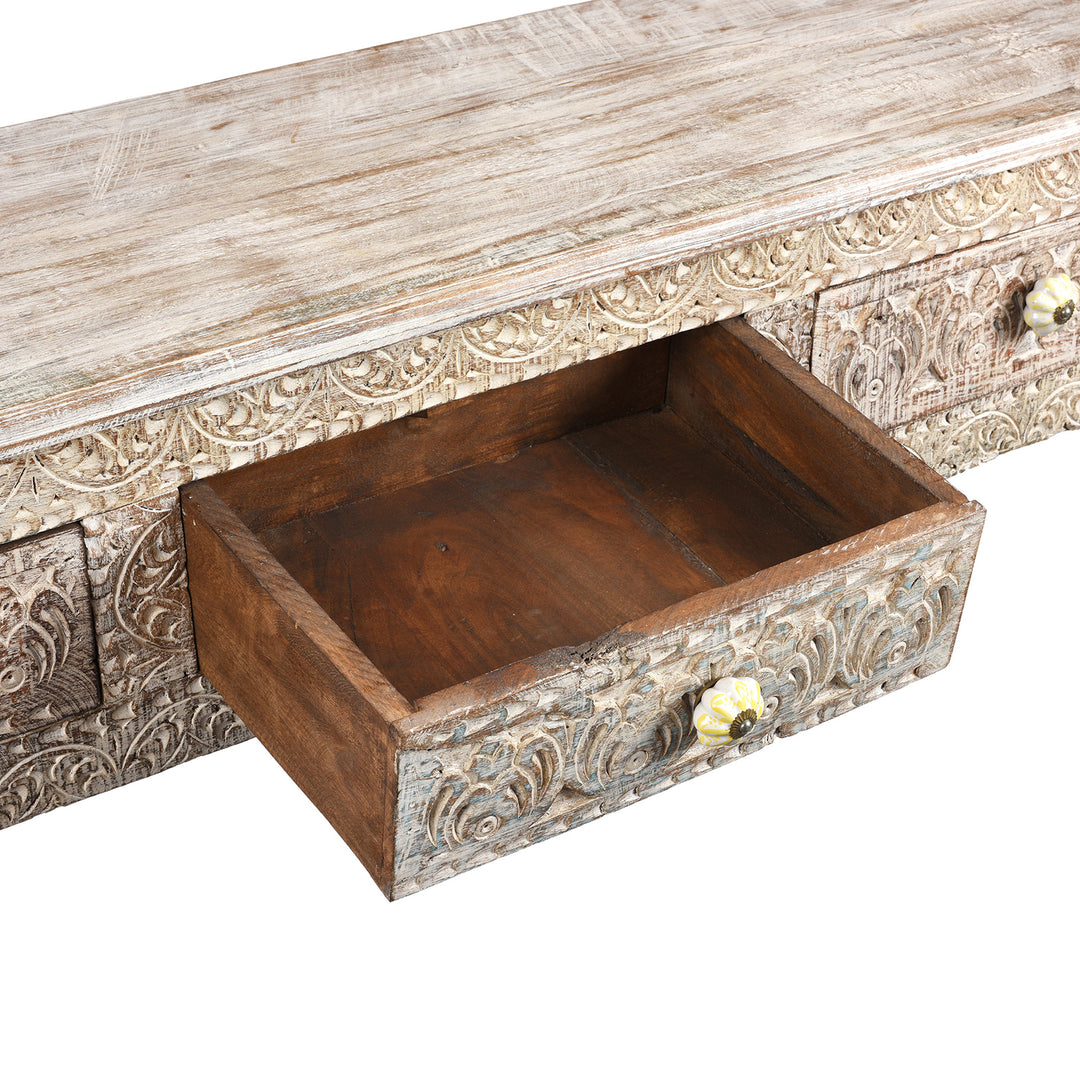 Drawer Detail From Reclaimed Four Drawer Teakwood Console Table With Painted Finish | Indigo Antiques
