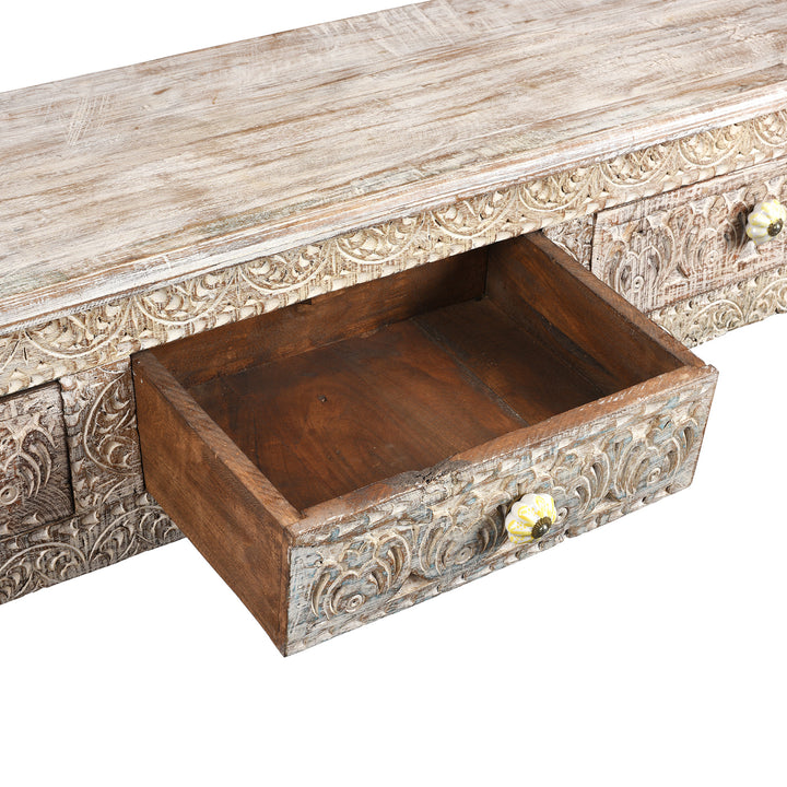 Drawer Detail From Reclaimed Four Drawer Teakwood Console Table With Painted Finish | Indigo Antiques