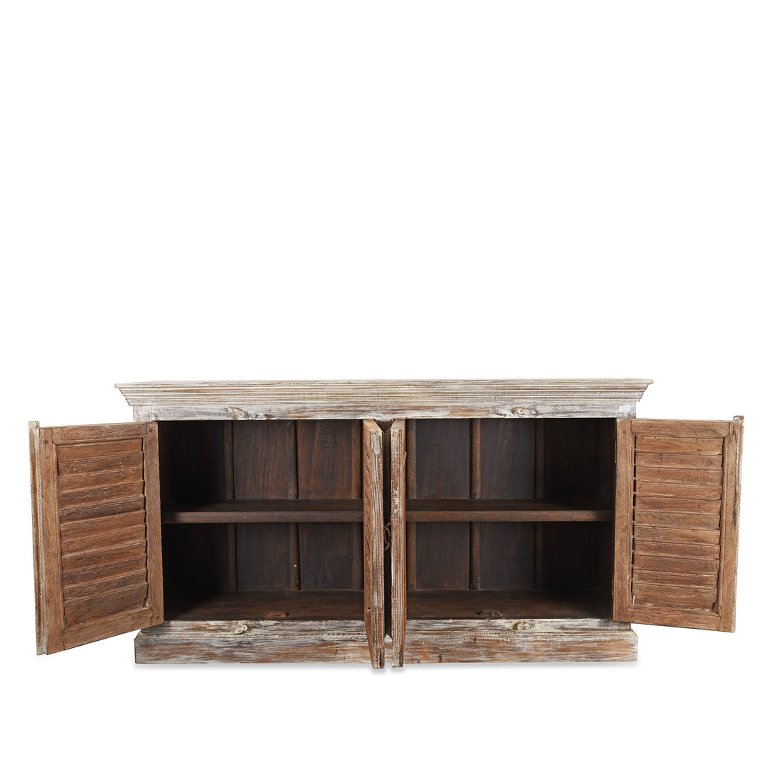 Open Doors View Of Painted Louvre Sideboard Made From Reclaimed Teak | Indigo Antiques