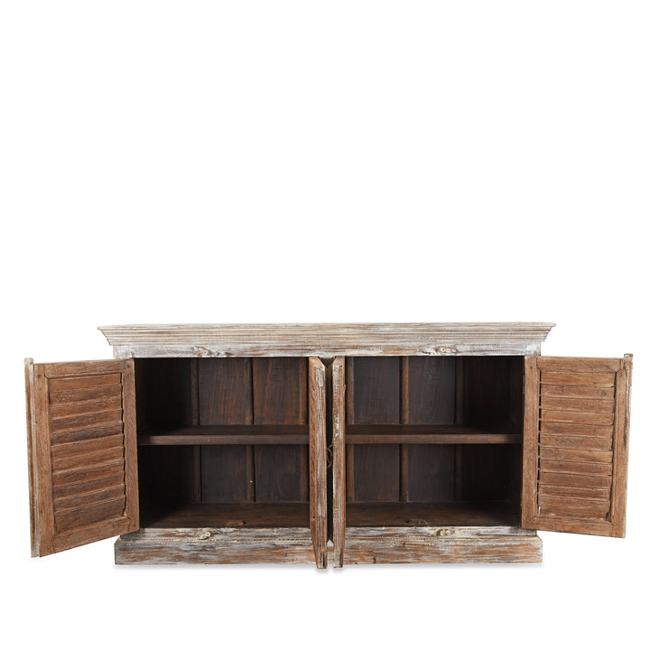 Open Doors View Of Painted Louvre Sideboard Made From Reclaimed Teak | Indigo Antiques