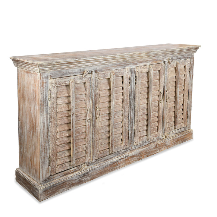 Angled View Of Painted Louvre Sideboard Made From Reclaimed Teak | Indigo Antiques