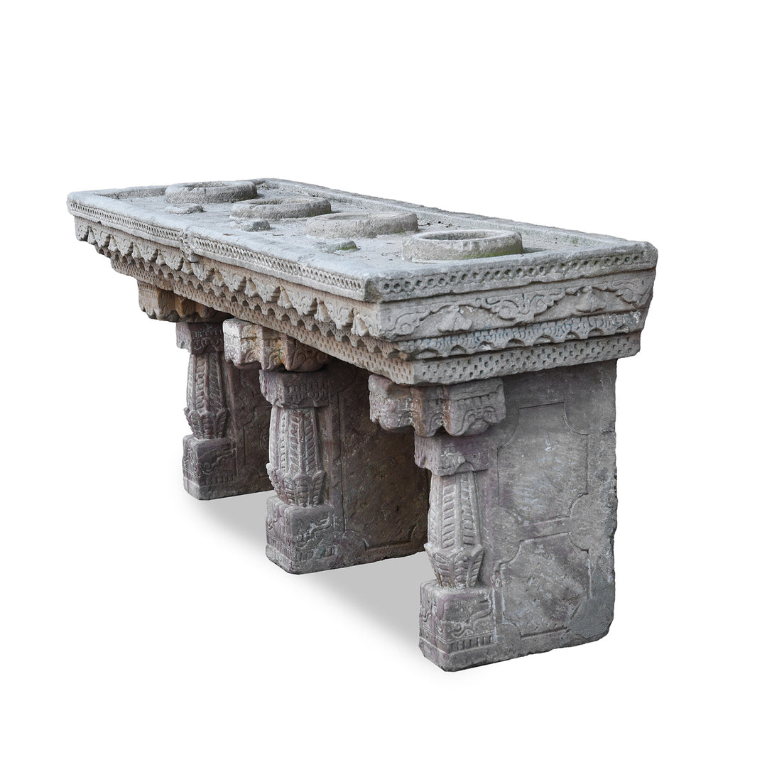 Angled View Of Antique Indian Stone Water Pot Stand (Parinda) | Indigo Antiques