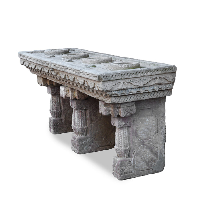 Angled View Of Antique Indian Stone Water Pot Stand (Parinda) | Indigo Antiques