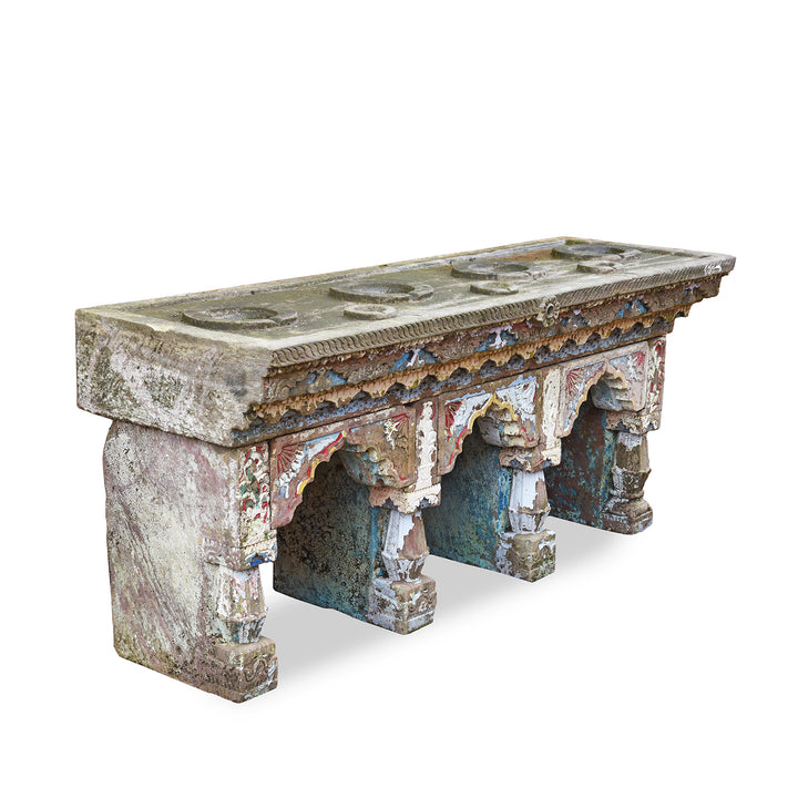 Angled View Of Carved Stone Antique Indian Water Pot Stand (Parinda) From Gujarat | Indigo Antiques