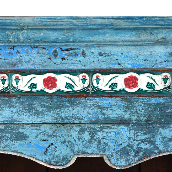 Tiles Detail From Antique Indian Painted Teak Glazed Cabinet | Indigo Antiques