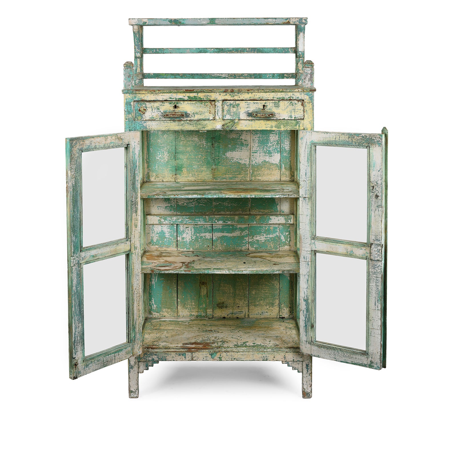 Open Doors View Of Vintage Indian Green Teak Glazed Kitchen Cabinet | Indigo Antiques