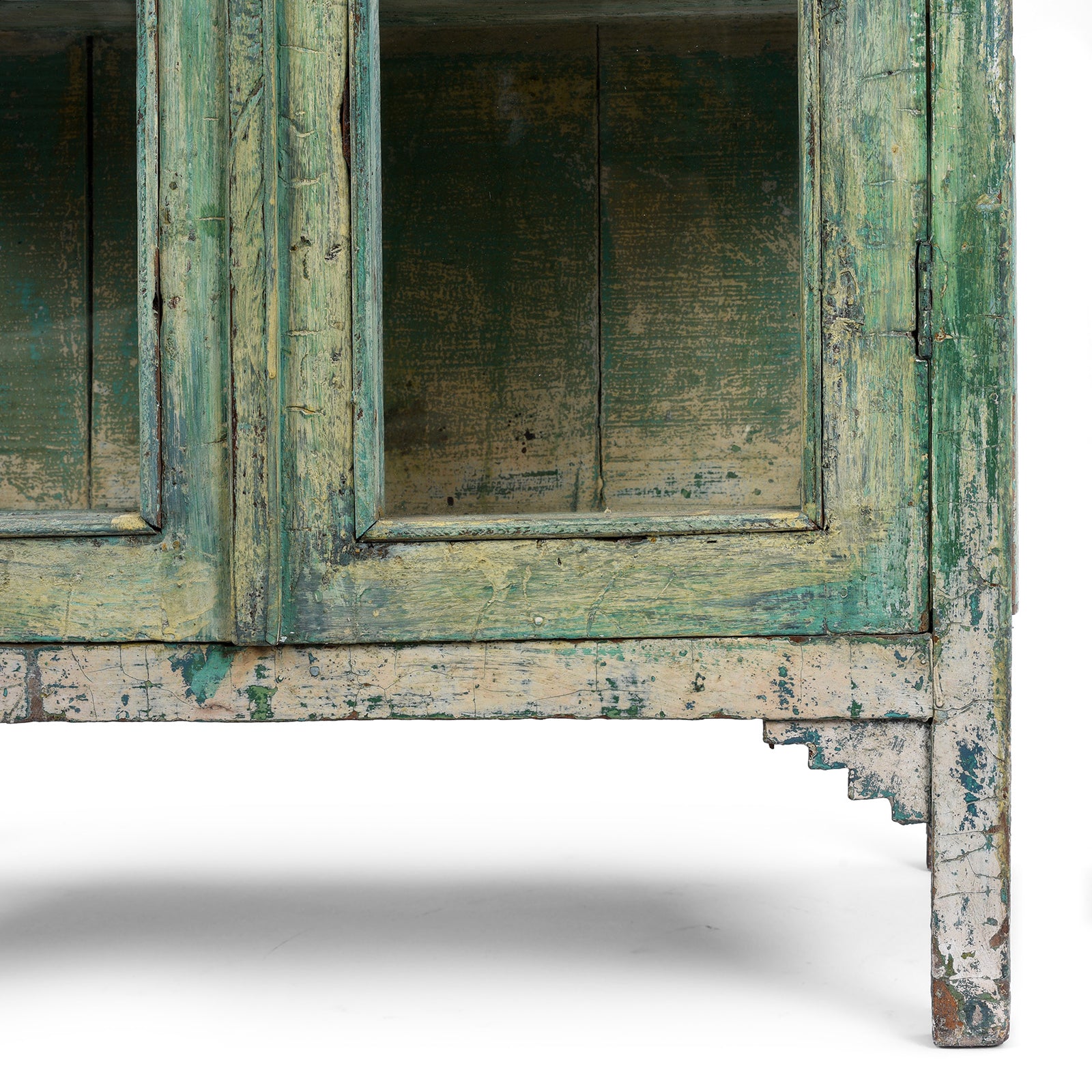 Leg Detail From Vintage Indian Green Teak Glazed Kitchen Cabinet | Indigo Antiques