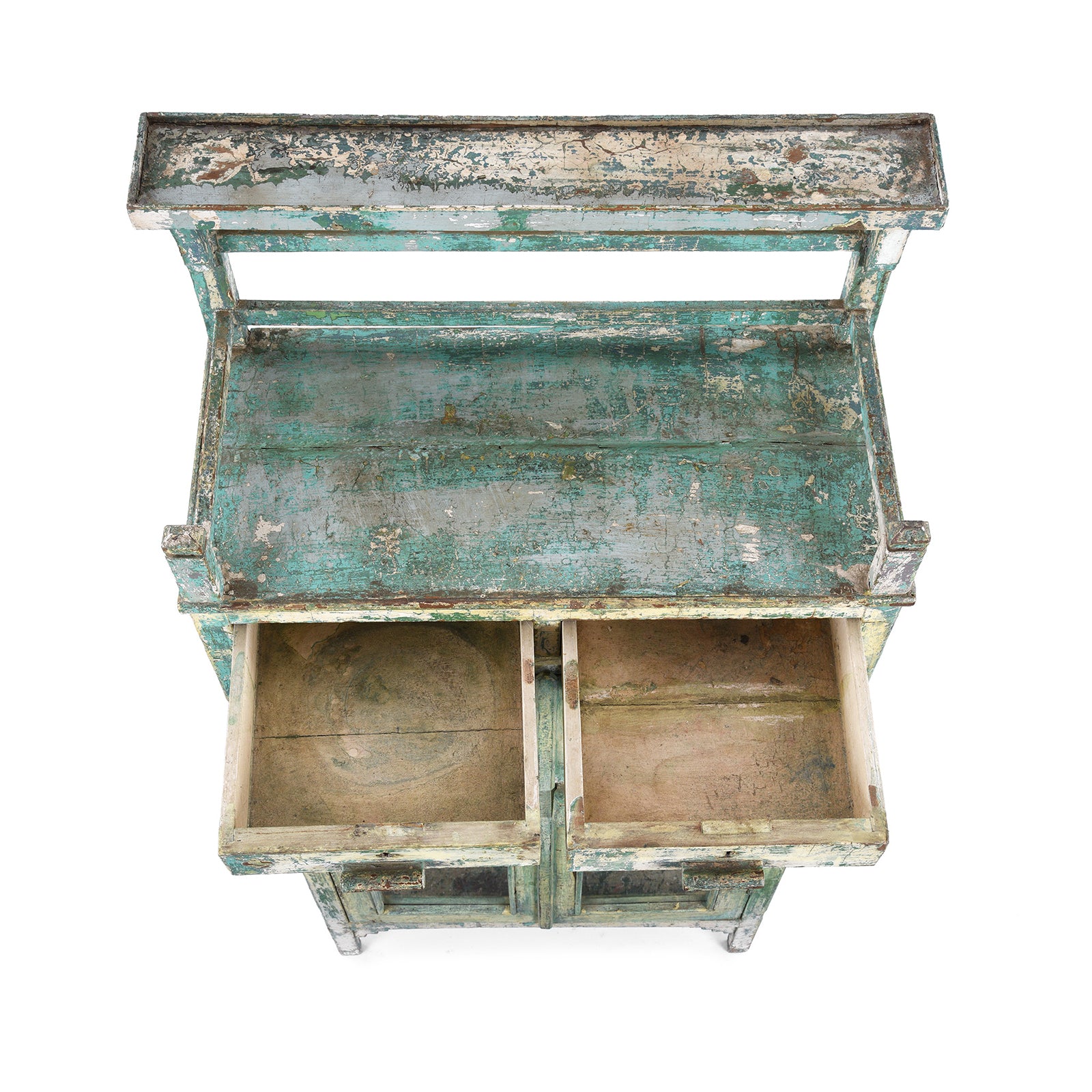 Top Down View Of Vintage Indian Green Teak Glazed Kitchen Cabinet | Indigo Antiques
