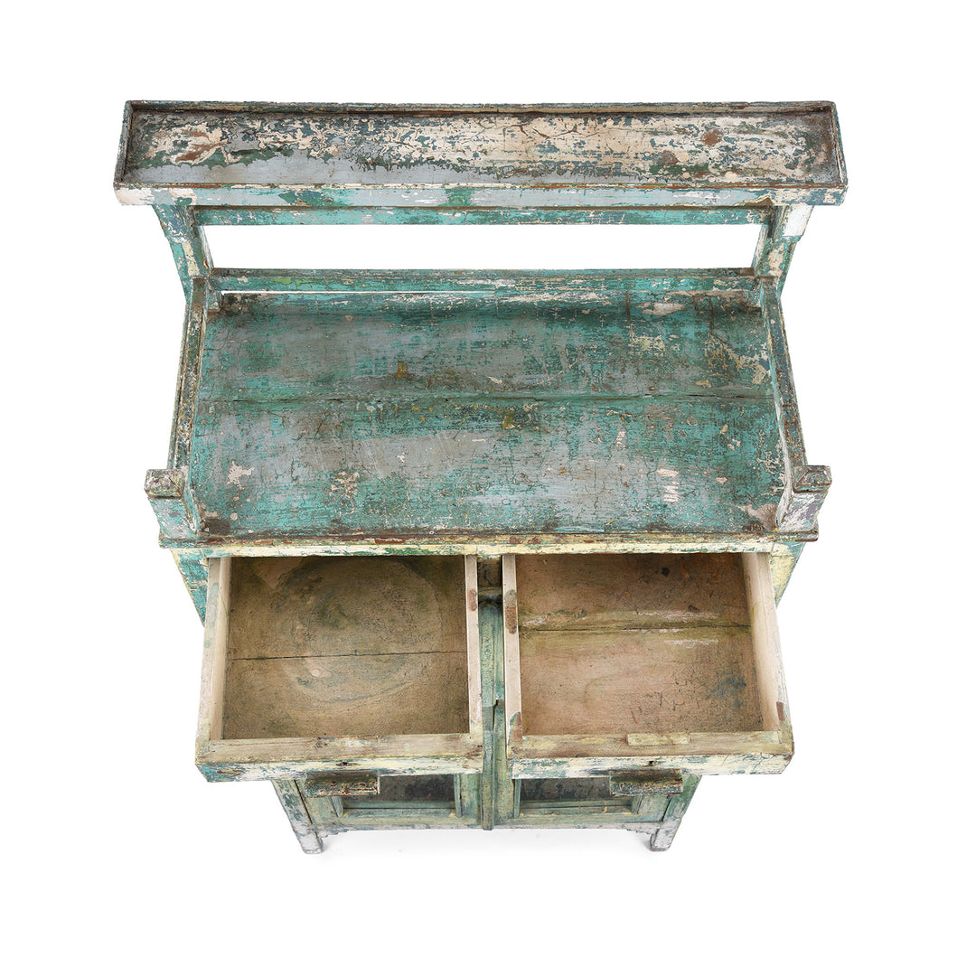 Top Down View Of Vintage Indian Green Teak Glazed Kitchen Cabinet | Indigo Antiques