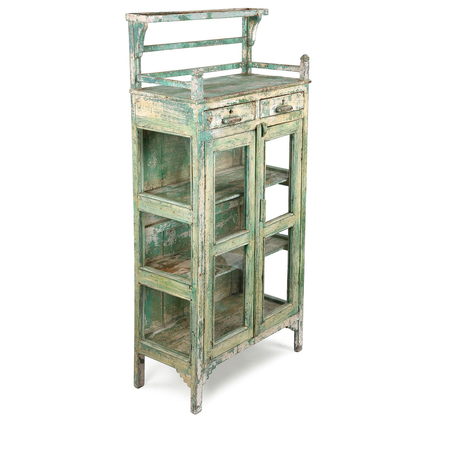 Angled View Of Vintage Indian Green Teak Glazed Kitchen Cabinet | Indigo Antiques