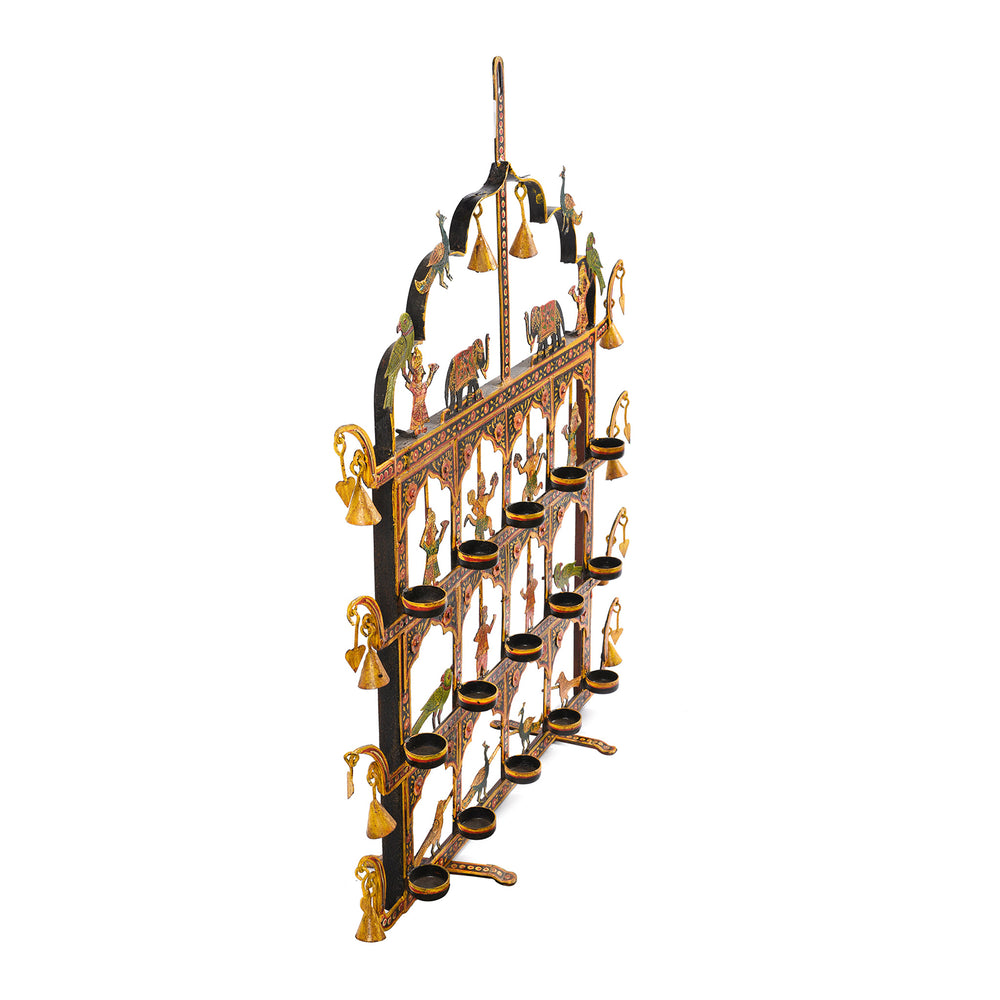 Angled VIew Of Painted Indian Iron Tribal "Toran" Diwali Lamp | Indigo Antiques