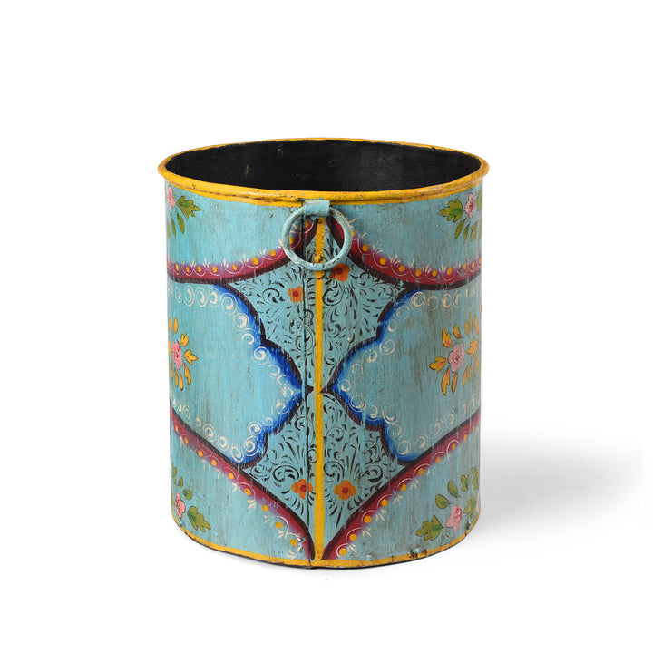 Blue Floral Hand painted Metal Bin / Planter | Indigo Antiques