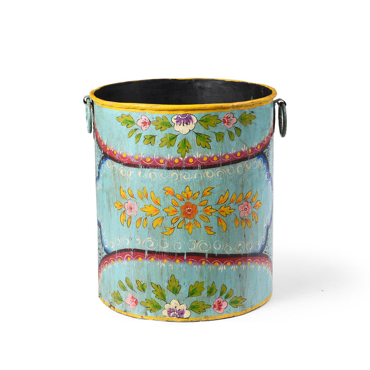 Blue Floral Hand painted Metal Bin / Planter | Indigo Antiques
