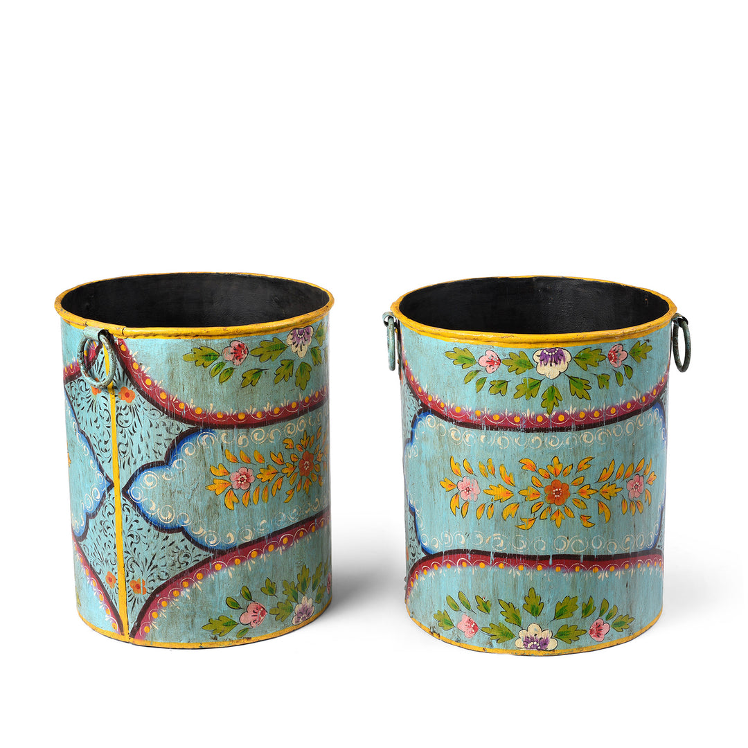 Blue Floral Hand painted Metal Bin / Planter | Indigo Antiques