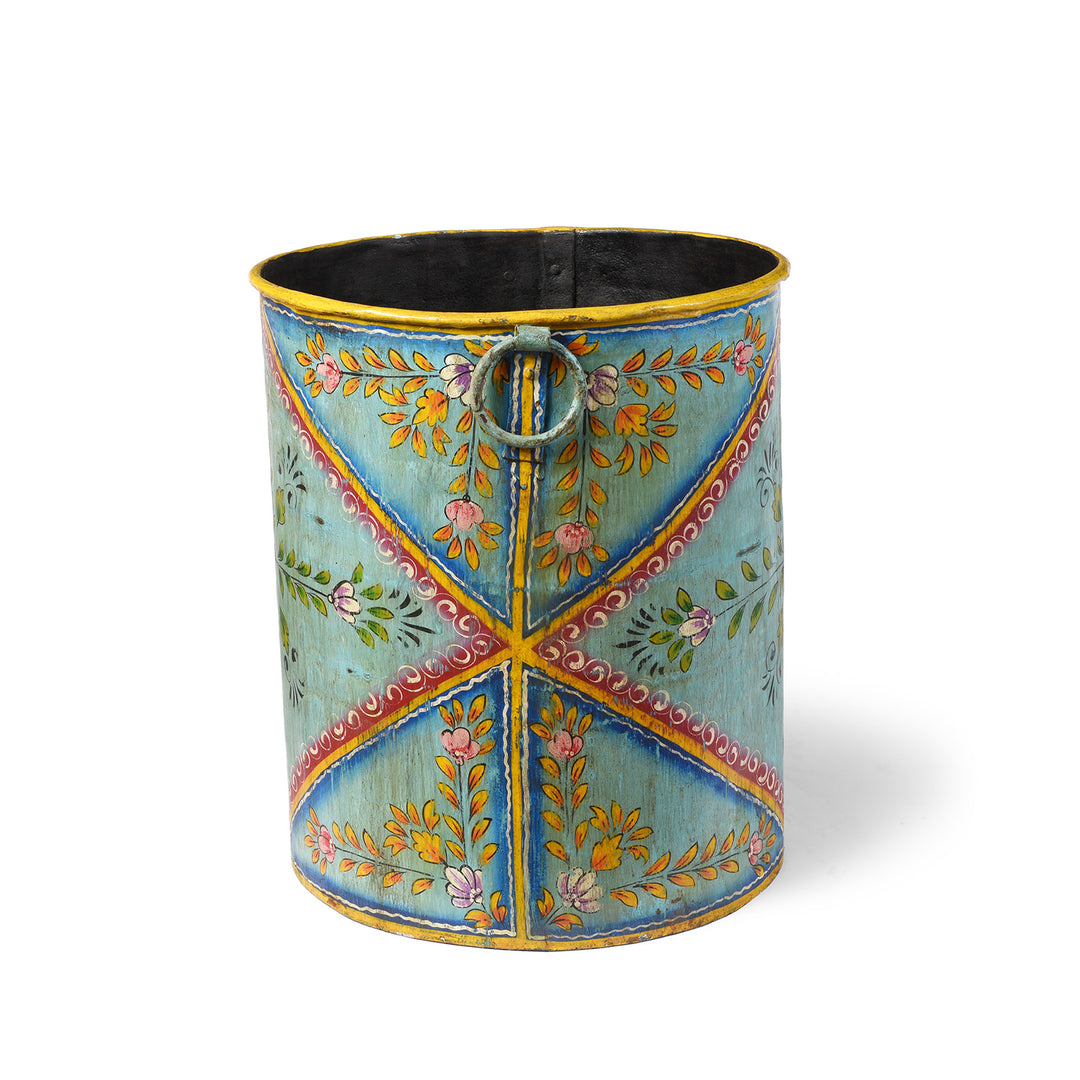 Blue Floral Hand painted Metal Bin / Planter | Indigo Antiques