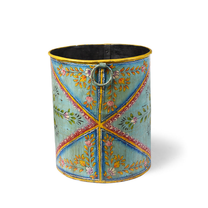 Blue Floral Hand painted Metal Bin / Planter | Indigo Antiques