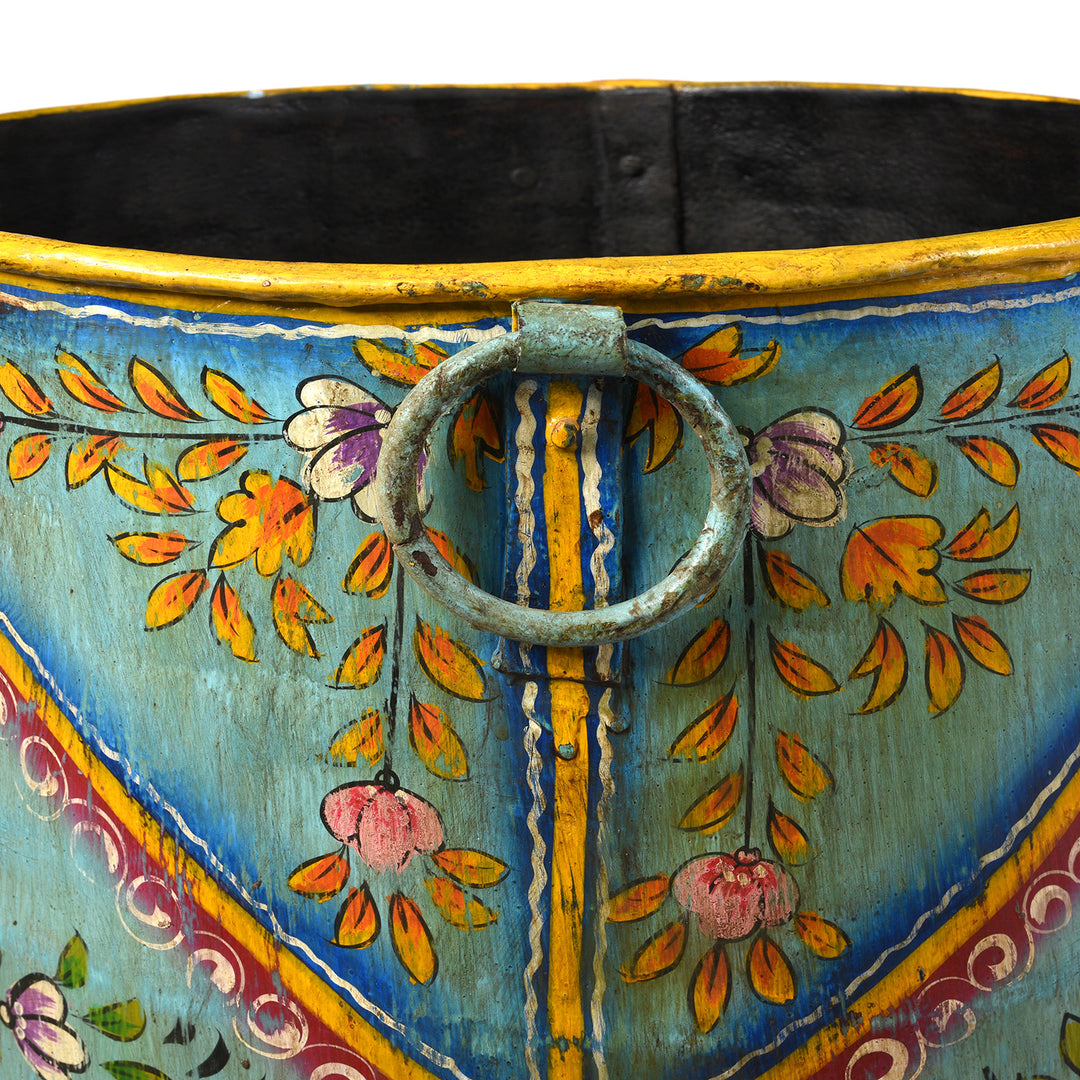 Blue Floral Hand painted Metal Bin / Planter | Indigo Antiques